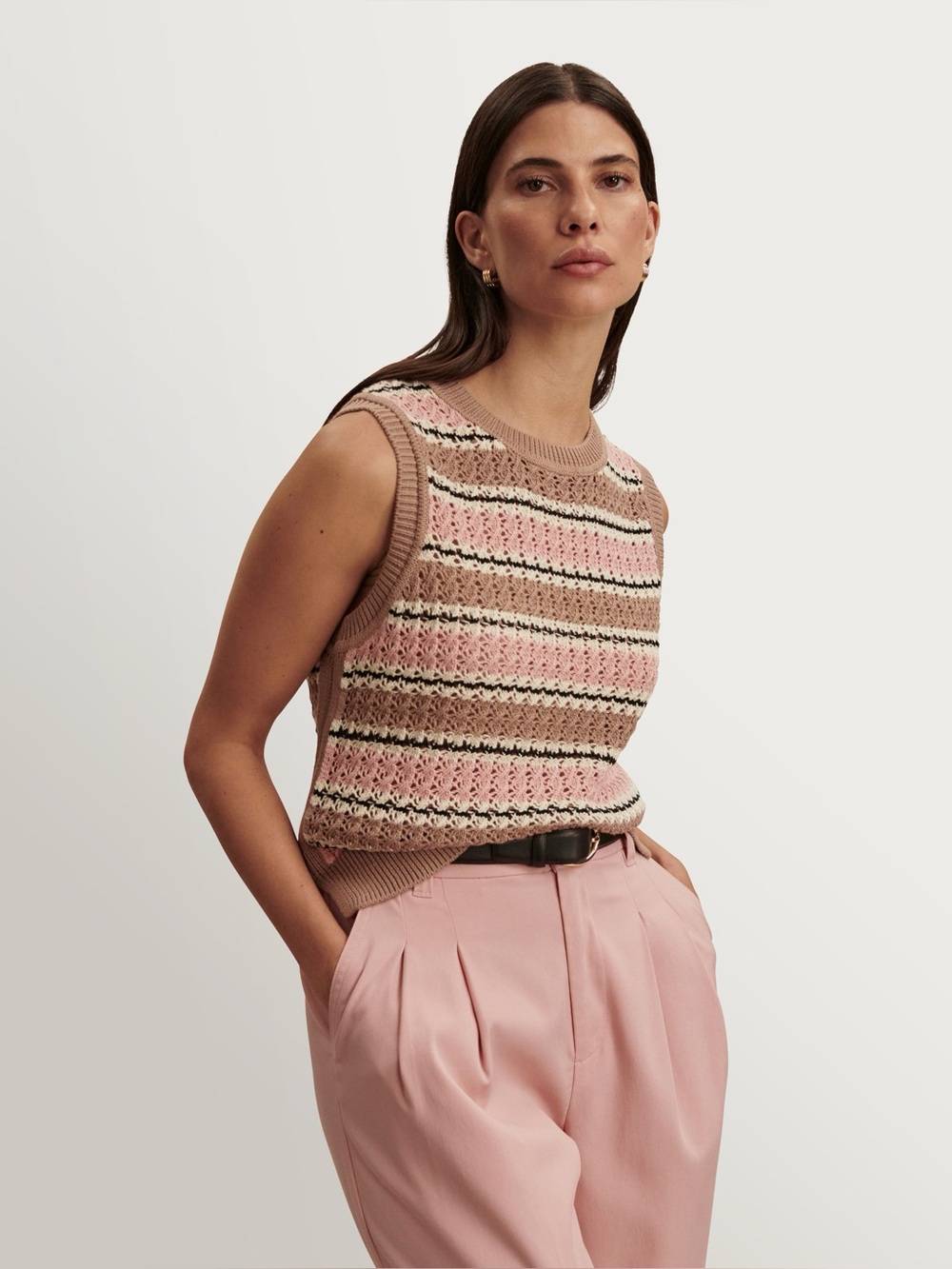 Striped Knit Sleeveless Sweater Vest in Pink and Beige